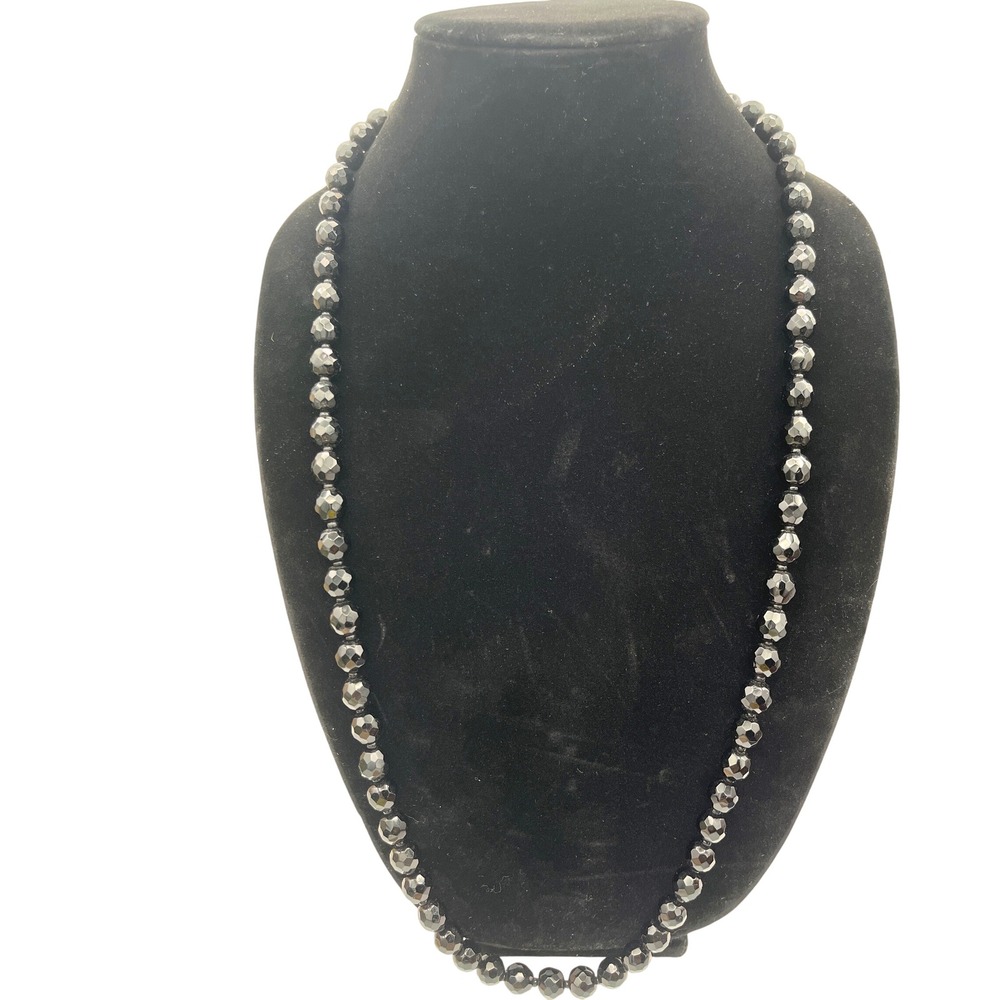 Vintage Black Faceted Glass Bead Necklace Continuous Strand 32 Inch Geometric